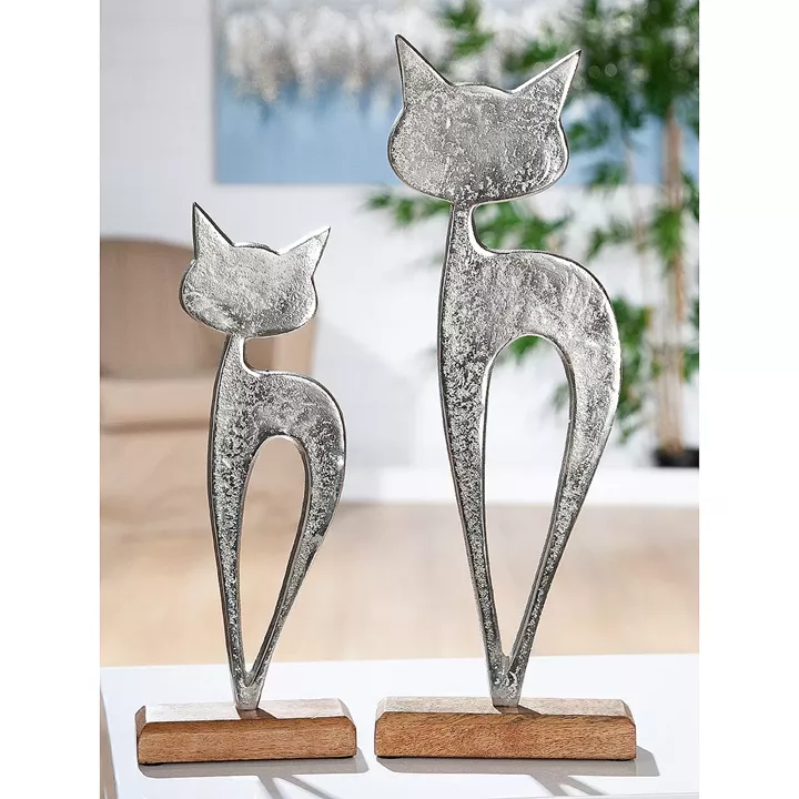 Διακοσμητικό ArteLibre Φιγούρα Γάτας Ασημί/Φυσικό Αλουμίνιο/Ξύλο 5x16x43cm