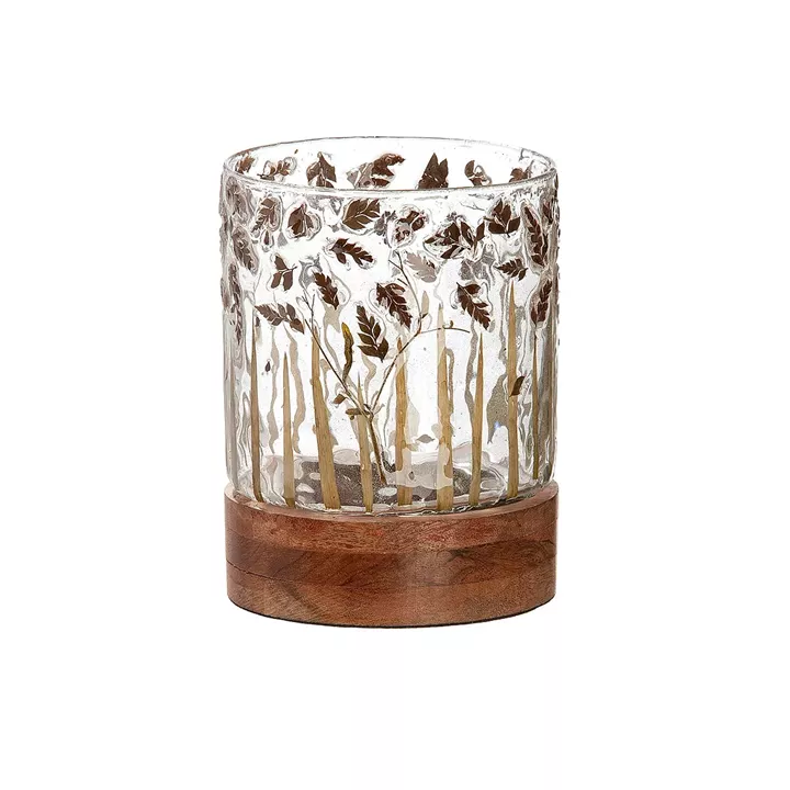 Κηροπήγιο ArteLibre Με Διακόσμηση Φύλλα Διάφανο/Καφέ Γυαλί/Ξύλο 13.5cm