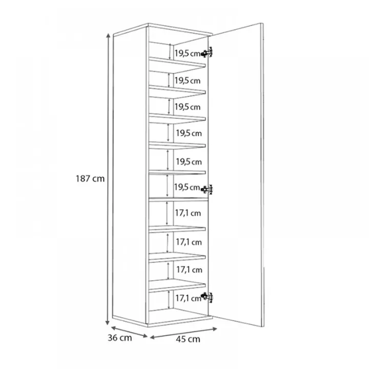 Ντουλάπα ρούχων - παπουτσοθήκη Visla Megapap μονόφυλλη με καθρέπτη χρώμα καρυδί 45x36x187εκ.