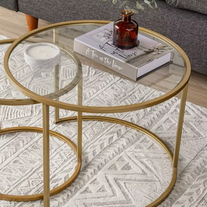 Τραπεζάκι σαλονιού σετ 2 τμχ Vetro Megapap μέταλλο - γυαλί χρώμα χρυσό Ø60x43εκ.