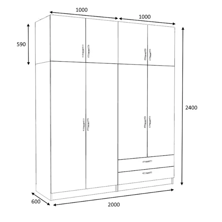 Ντουλάπα ρούχων Victoria Megapap τετράφυλλη με πατάρι και συρτάρια χρώμα καρυδί 200x60x240εκ.