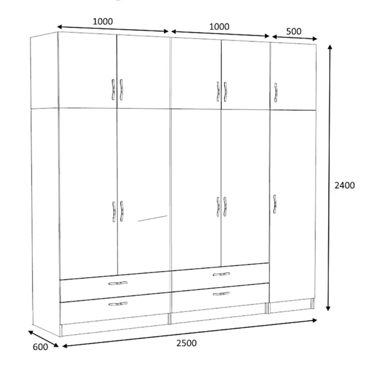 Ντουλάπα ρούχων Victoria Megapap πεντάφυλλη με πατάρι και συρτάρια χρώμα λευκό 250x60x240εκ.