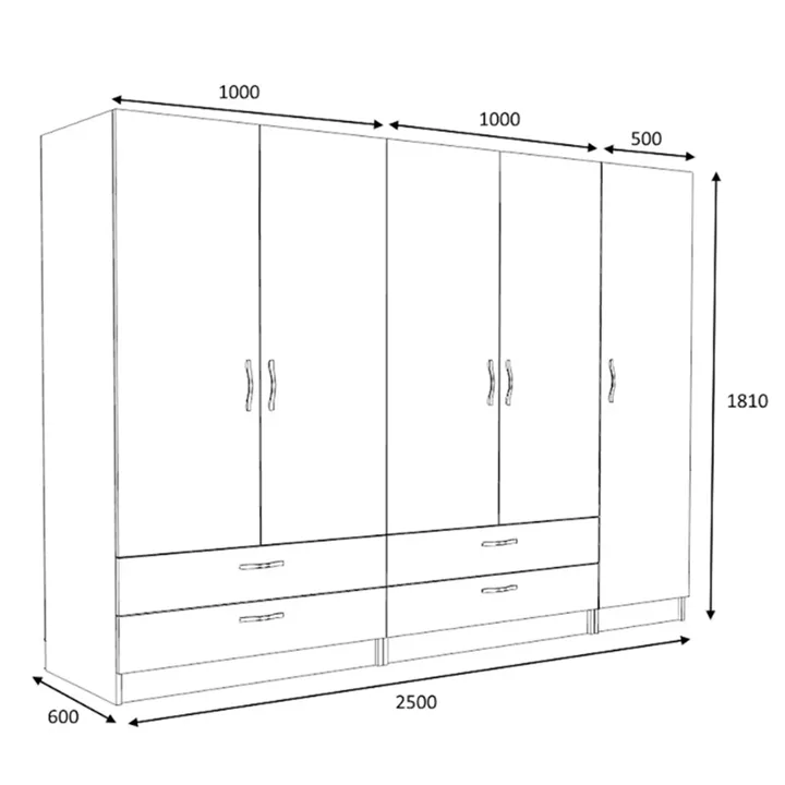 Ντουλάπα ρούχων Victoria Megapap πεντάφυλλη με συρτάρια χρώμα φυσικό οξιάς 250x60x181εκ.