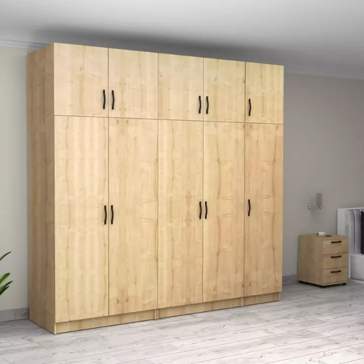 Ντουλάπα ρούχων Victoria Megapap πεντάφυλλη με πατάρι χρώμα φυσικό οξιάς 250x60x240εκ.