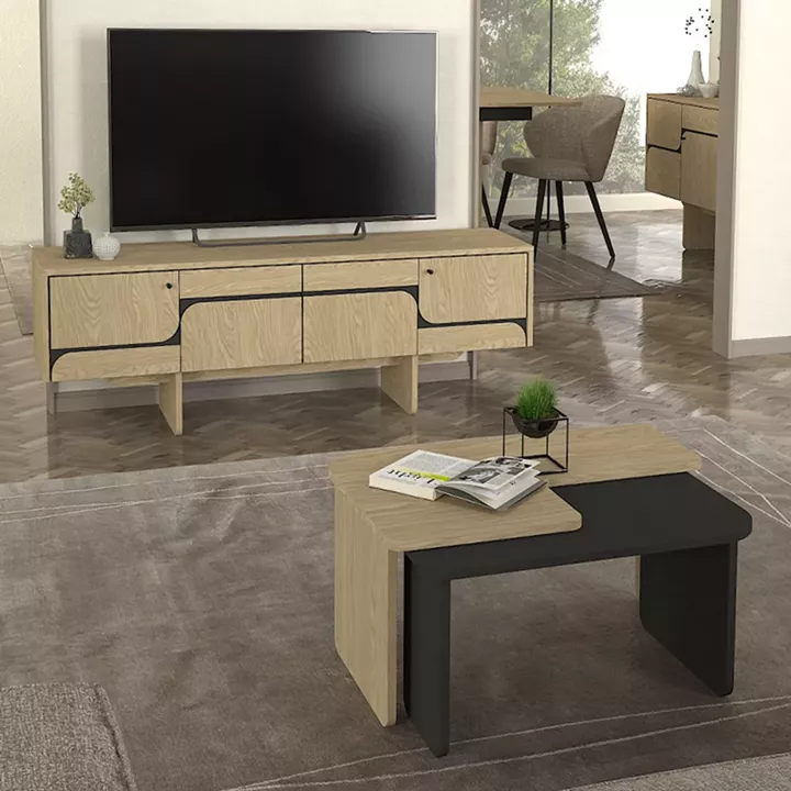 Τραπεζάκι σαλονιού σετ 2τμχ Lava Megapap χρώμα rota oak - ανθρακί 75x48,5x35,6εκ.