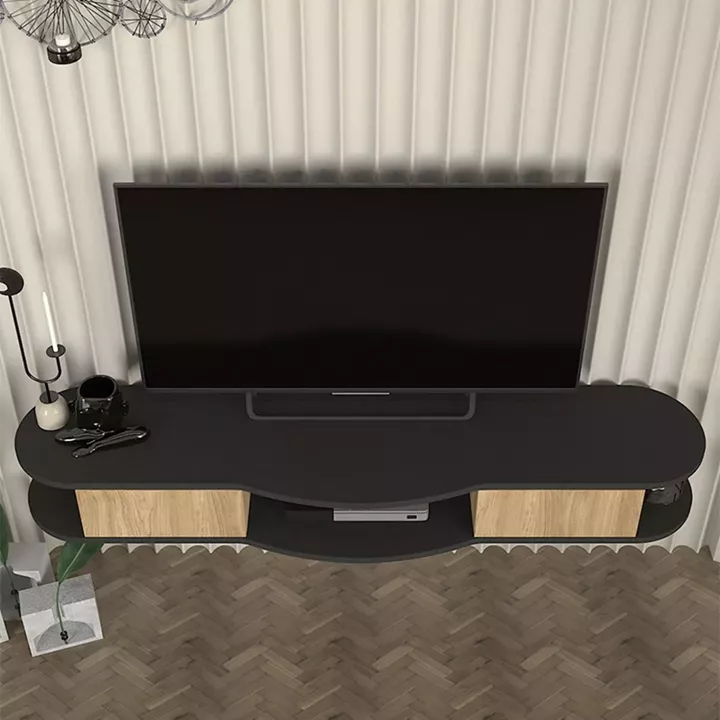 Έπιπλο τηλεόρασης επιτοίχιο Perk Megapap με LED χρώμα ανθρακί - sepet oak 150x35x19,2εκ.