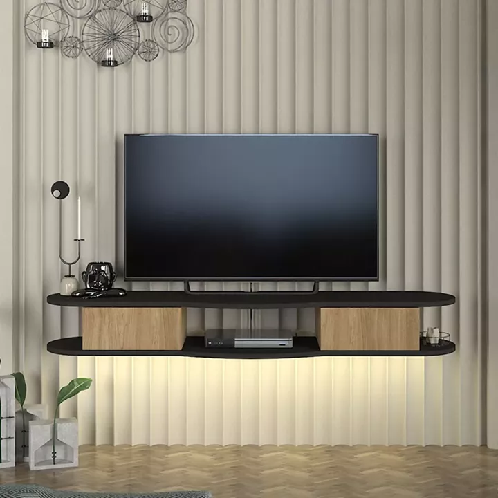 Έπιπλο τηλεόρασης επιτοίχιο Perk Megapap με LED χρώμα ανθρακί - sepet oak 150x35x19,2εκ.