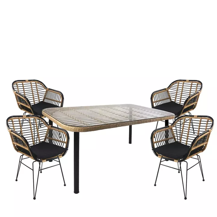 Σετ Τραπεζαρία Κήπου ArteLibre AMPIUS Φυσικό/Μαύρο Μέταλλο/Rattan/Γυαλί Με 4 Καρέκλες 14990291
