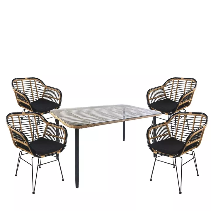 Σετ Τραπεζαρία Κήπου ArteLibre ANNIUS Φυσικό/Μαύρο Μέταλλο/Rattan/Γυαλί Με 4 Καρέκλες 14990293