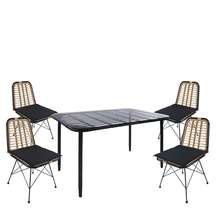 Σετ Τραπεζαρία Κήπου ArteLibre ANNIUS Μαύρο Μέταλλο/Rattan/Γυαλί Με 4 Καρέκλες 14990372