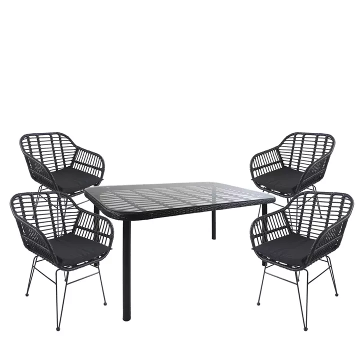 Σετ Τραπεζαρία Κήπου ArteLibre AMPLAS Μαύρο Μέταλλο/Rattan/Γυαλί Με 4 Καρέκλες 14990377