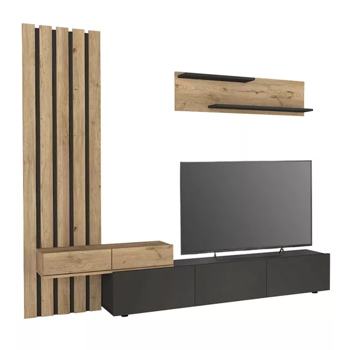 Σύνθεση τηλεόρασης Rosaline Megapap χρώμα ανθρακί - sepet oak 233x31,3x196,8εκ.