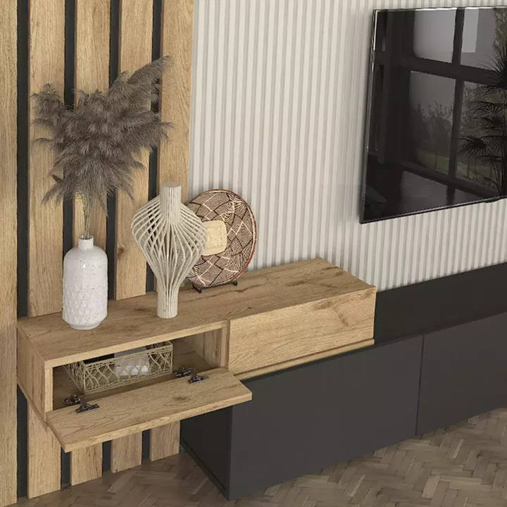 Σύνθεση τηλεόρασης Rosaline Megapap χρώμα ανθρακί - sepet oak 233x31,3x196,8εκ.