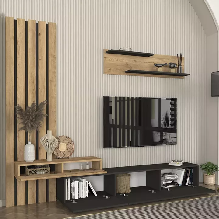 Σύνθεση τηλεόρασης Rosaline Megapap χρώμα ανθρακί - sepet oak 233x31,3x196,8εκ.