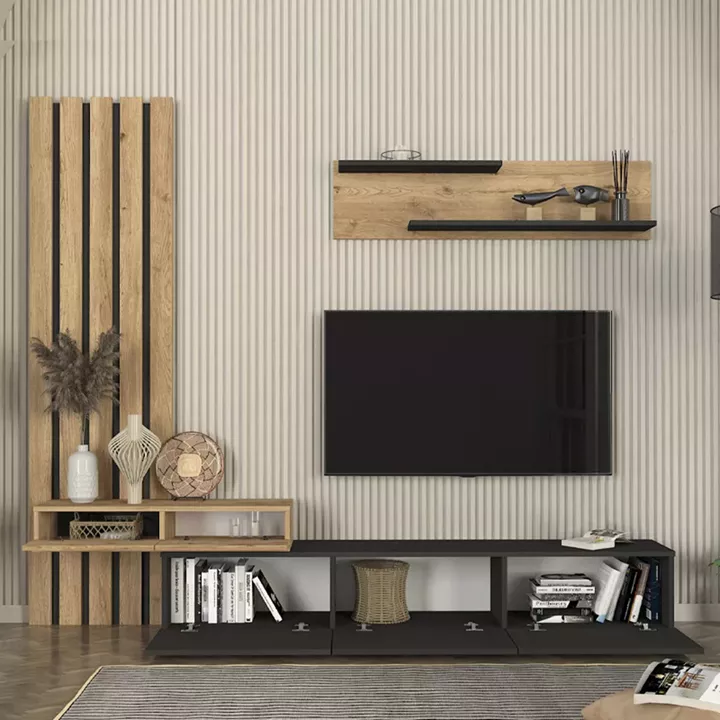 Σύνθεση τηλεόρασης Rosaline Megapap χρώμα ανθρακί - sepet oak 233x31,3x196,8εκ.