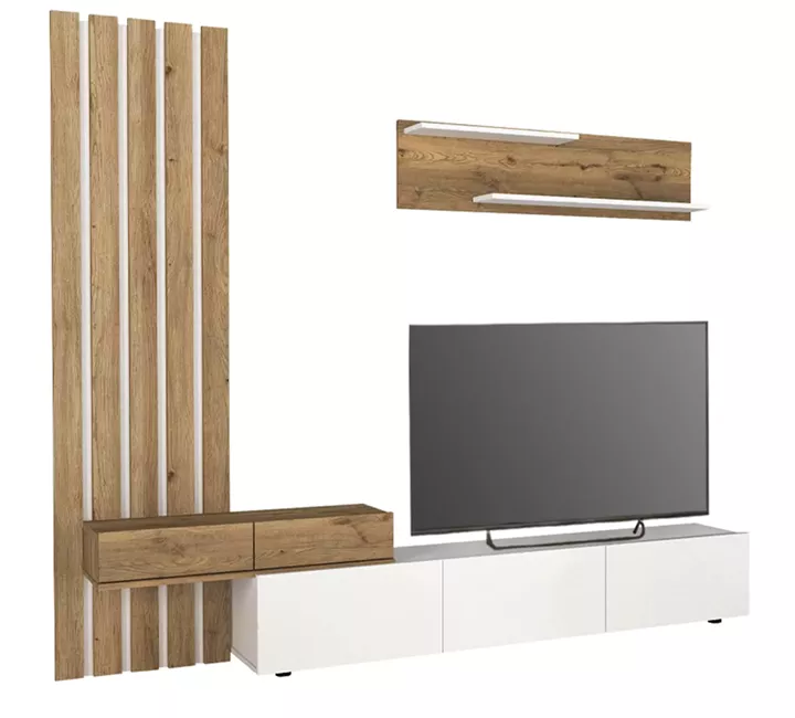 Σύνθεση τηλεόρασης Rosaline Megapap χρώμα λευκό - sepet oak 233x31,3x196,8εκ.