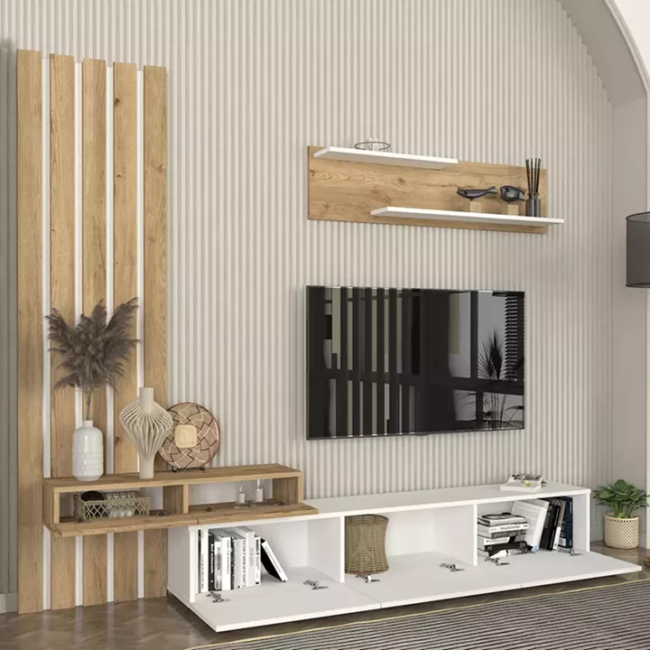 Σύνθεση τηλεόρασης Rosaline Megapap χρώμα λευκό - sepet oak 233x31,3x196,8εκ.