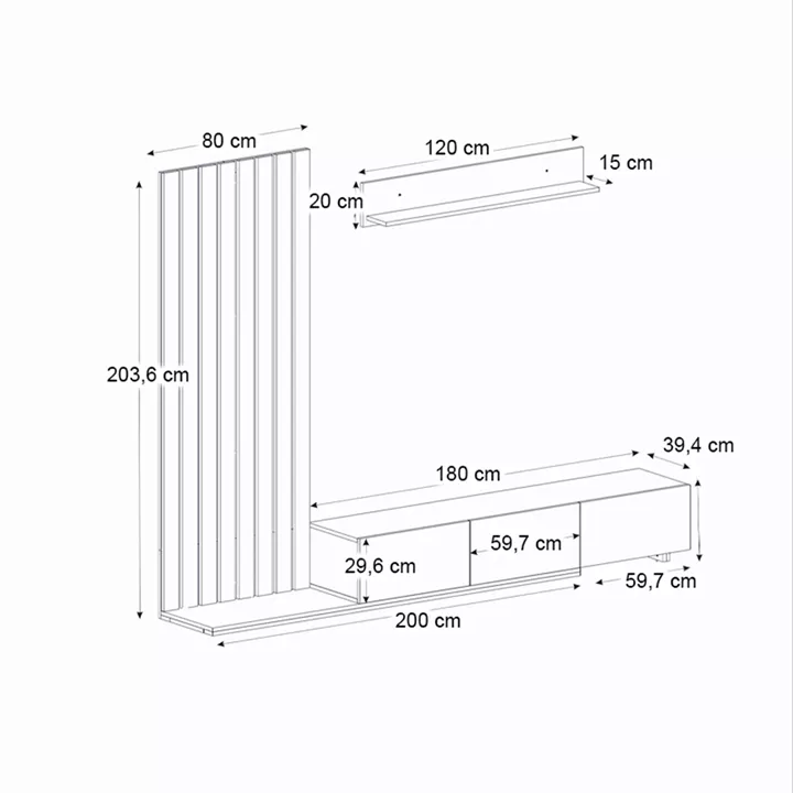 Σύνθεση τηλεόρασης Nagini Megapap χρώμα ivory - sapphire oak - ανθρακί 260x39,4x203,6εκ.