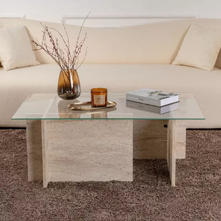 Τραπεζάκι σαλονιού Vetrino Megapap γυάλινο χρώμα travertine 105x65x40εκ.