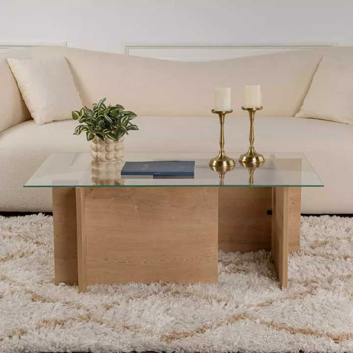 Τραπεζάκι σαλονιού Vetrino Megapap γυάλινο χρώμα honey oak 105x65x40εκ.