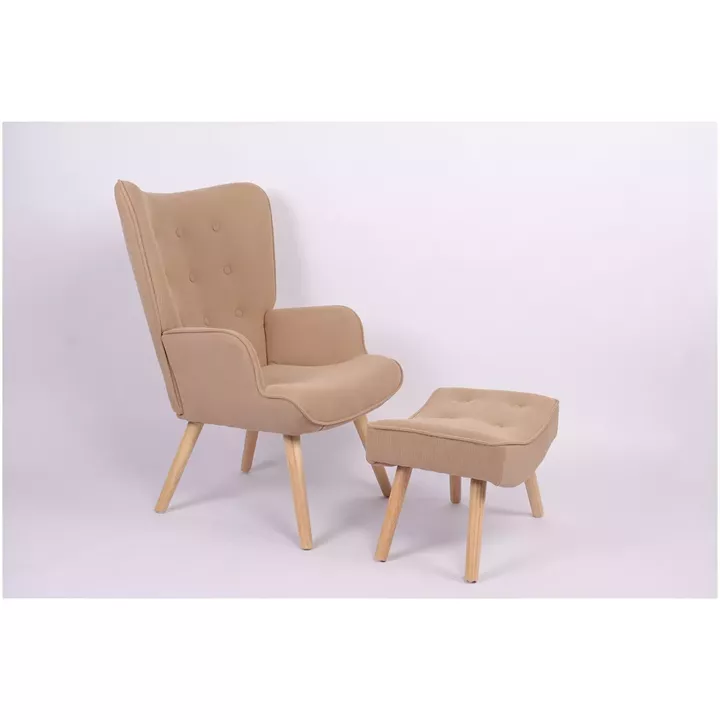 Πολυθρόνα Μπερζέρα Με Υποπόδιο ArteLibre ANIDORI Ανοιχτό Καφέ Ύφασμα/Ξύλο 73x69x96cm