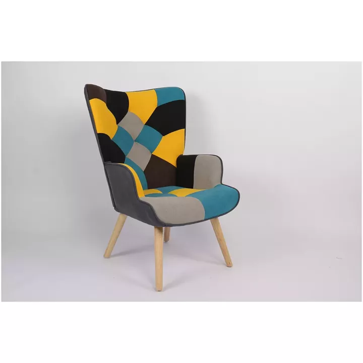 Πολυθρόνα ArteLibre BRIAR Κίτρινο/Μπλε Patchwork Ύφασμα/Ξύλο 73x69x96cm