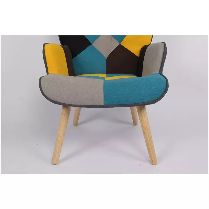 Πολυθρόνα ArteLibre BRIAR Κίτρινο/Μπλε Patchwork Ύφασμα/Ξύλο 73x69x96cm