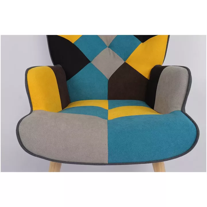 Πολυθρόνα ArteLibre BRIAR Κίτρινο/Μπλε Patchwork Ύφασμα/Ξύλο 73x69x96cm