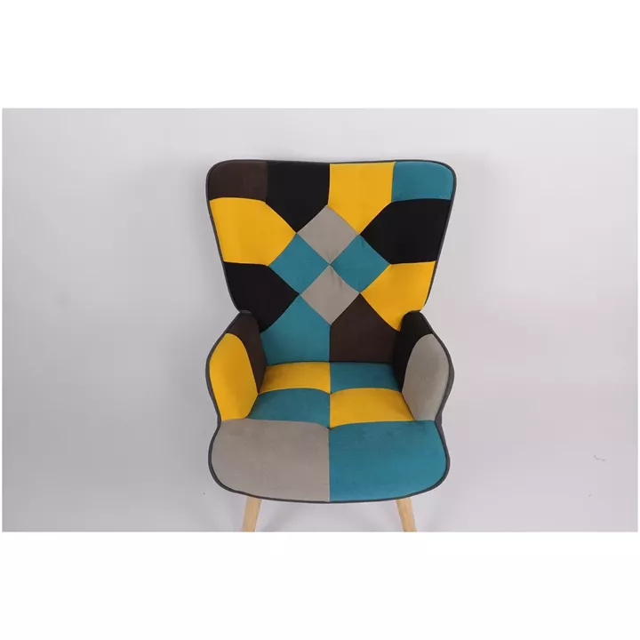 Πολυθρόνα ArteLibre BRIAR Κίτρινο/Μπλε Patchwork Ύφασμα/Ξύλο 73x69x96cm