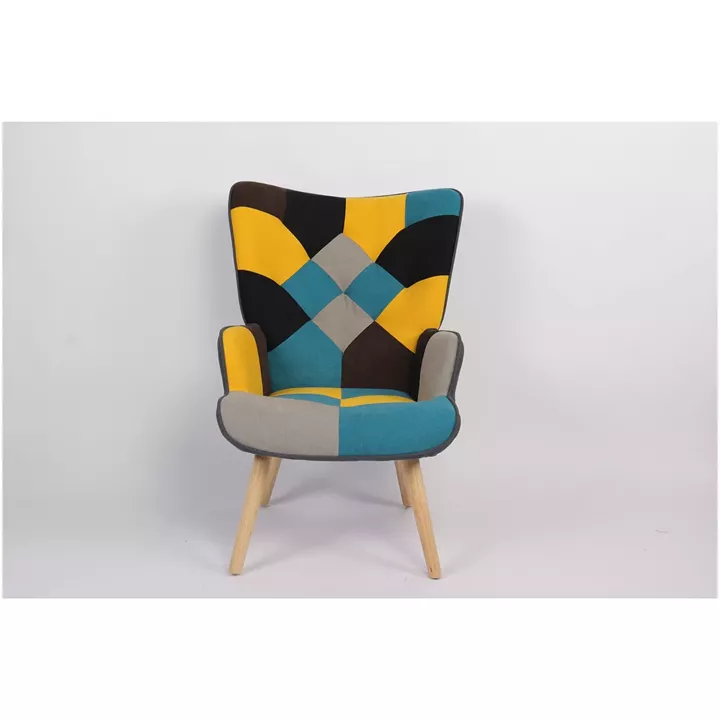 Πολυθρόνα ArteLibre BRIAR Κίτρινο/Μπλε Patchwork Ύφασμα/Ξύλο 73x69x96cm