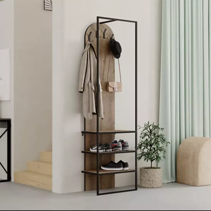 Έπιπλο εισόδου Archy Megapap από μελαμίνη - μέταλλο χρώμα ανοιχτό καρυδί 53x31,7x180εκ.