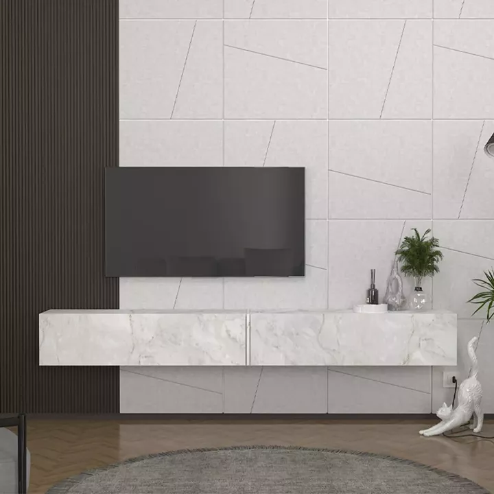 Έπιπλο τηλεόρασης επιτοίχιο Espanse Megapap χρώμα λευκό εφέ μαρμάρου 241,8x31,7x30εκ.