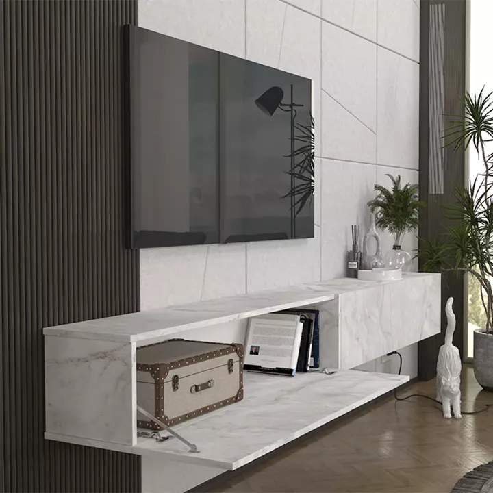 Έπιπλο τηλεόρασης επιτοίχιο Espanse Megapap χρώμα λευκό εφέ μαρμάρου 241,8x31,7x30εκ.