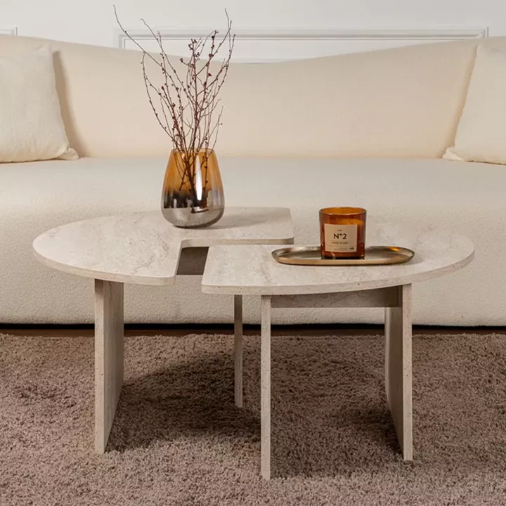 Τραπεζάκι σαλονιού σετ 2 τμχ Moira Megapap χρώμα travertine Ø90x41εκ.