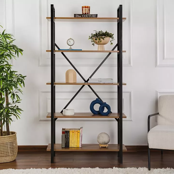 Βιβλιοθήκη Elysian Megapap χρώμα καρυδί - μαύρο 90x33,5x180εκ.