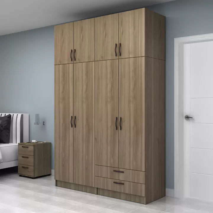 Ντουλάπα ρούχων Vivian Megapap τετράφυλλη με πατάρι και συρτάρια χρώμα καρυδί 160x51,8x240εκ.