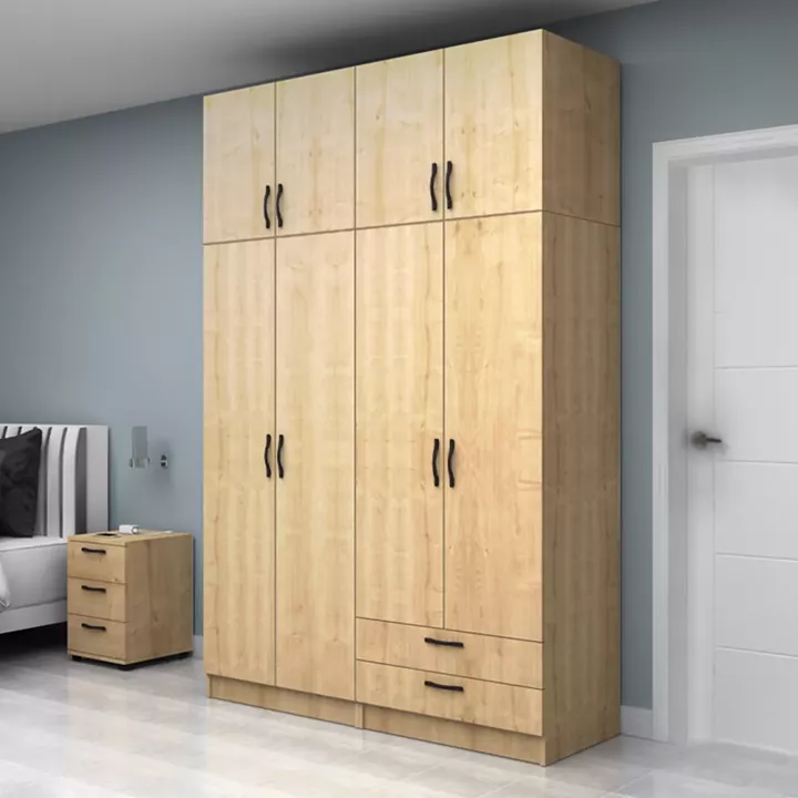 Ντουλάπα ρούχων Vivian Megapap τετράφυλλη με πατάρι και συρτάρια χρώμα φυσικό οξιάς 160x51,8x240εκ.