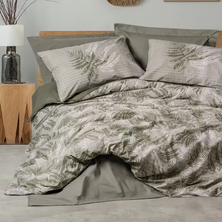 Σετ παπλωματοθήκη Frond Cotton Box 4 τμχ Διπλή (200x220) χρώμα χακί