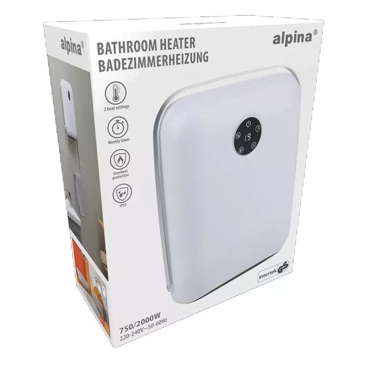 Αερόθερμο Μπάνιου Επιτοίχιο Ψηφιακό Με Κρεμάστρα Πετσέτας Και Τηλεχειριστήριο Λευκό IP22 750/2000W ALPINA
