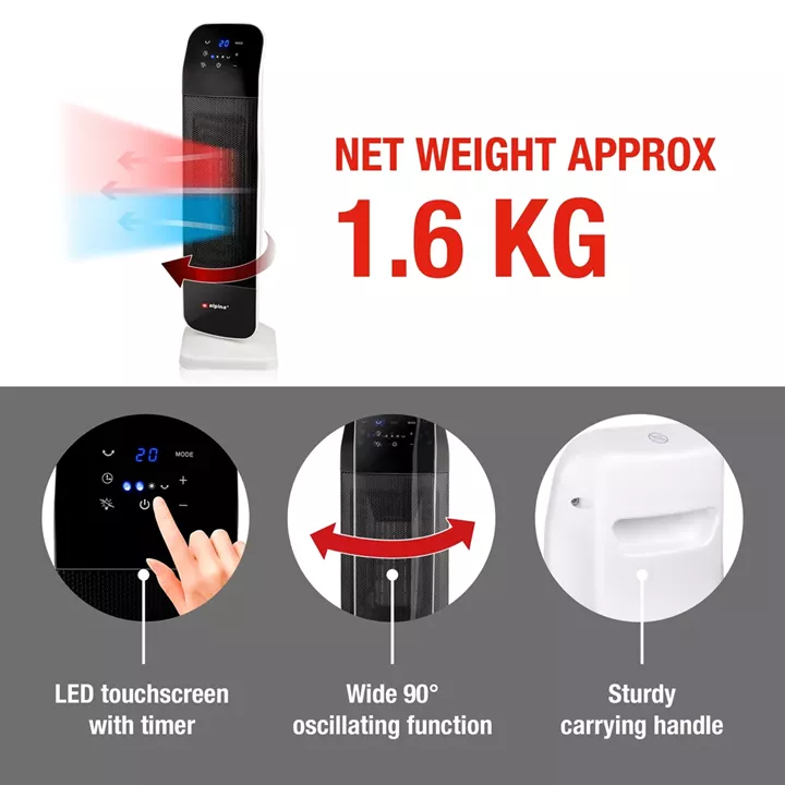 Αερόθερμο Δαπέδου Πύργος Φορητό Με Τηλεχειριστήριο Λευκό/Μαύρο 2000W ALPINA