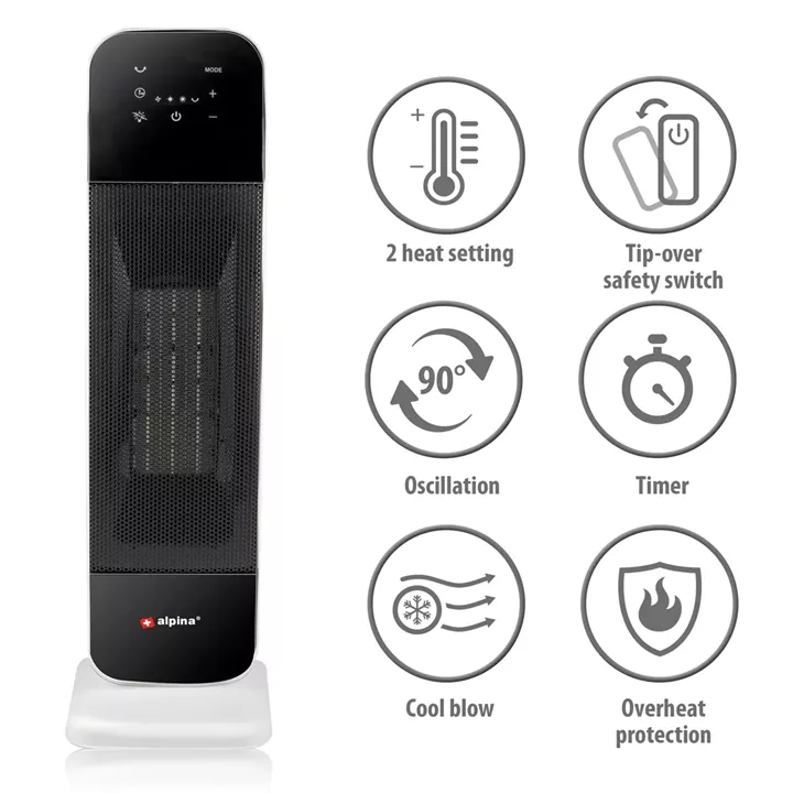 Αερόθερμο Δαπέδου Πύργος Φορητό Με Τηλεχειριστήριο Λευκό/Μαύρο 2000W ALPINA
