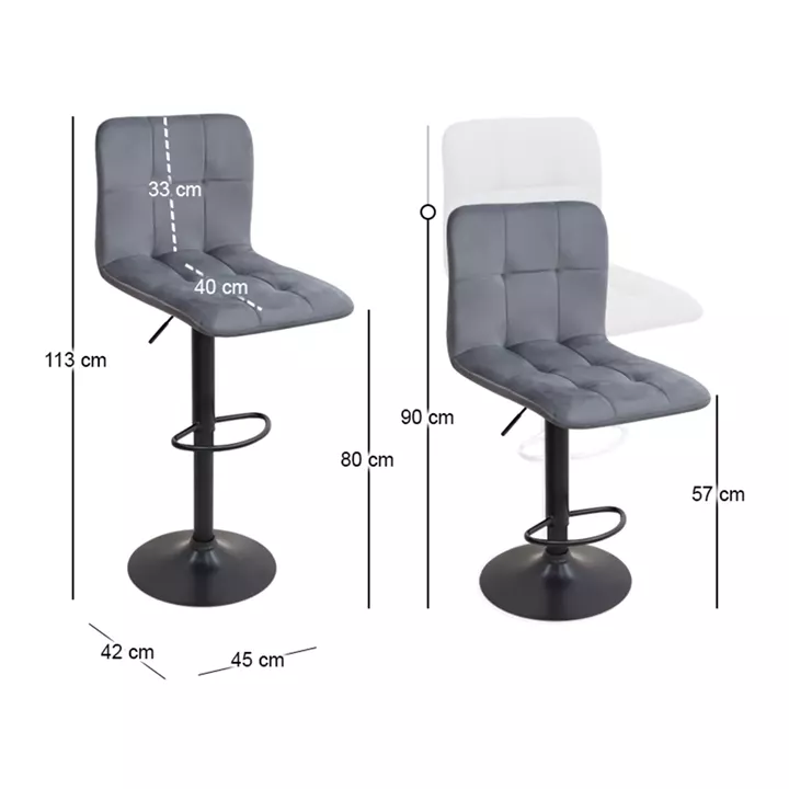 Σκαμπό μπαρ Carmelo Megapap με ρυθμιζόμενο ύψος βελούδο γκρι - βάση μαύρο ματ 45x42x90/113εκ.