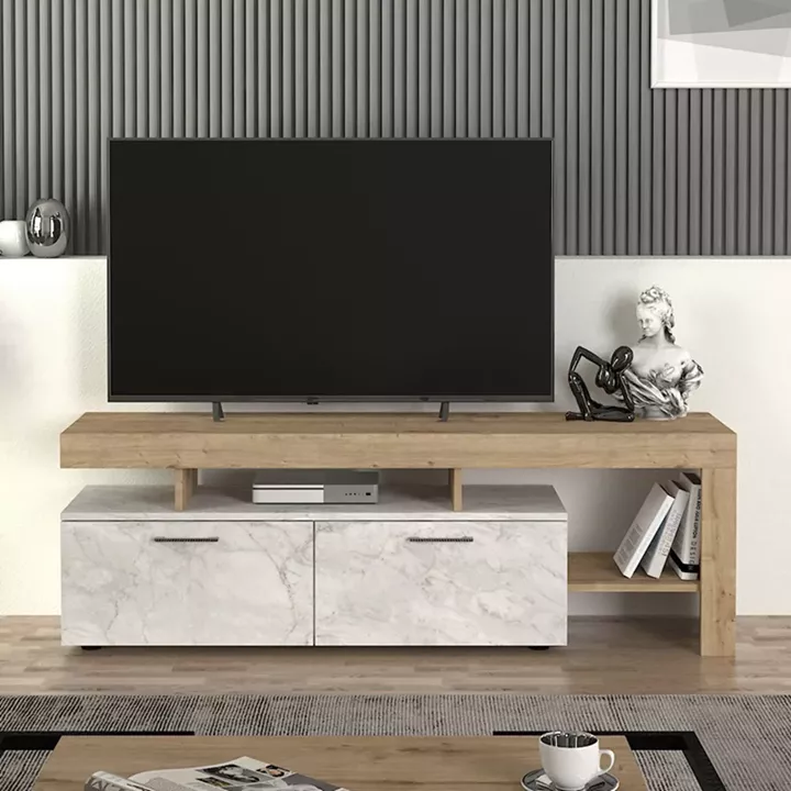 Έπιπλο τηλεόρασης Acnes Megapap χρώμα λευκό εφέ μαρμάρου - sapphire oak 160x40x53εκ.