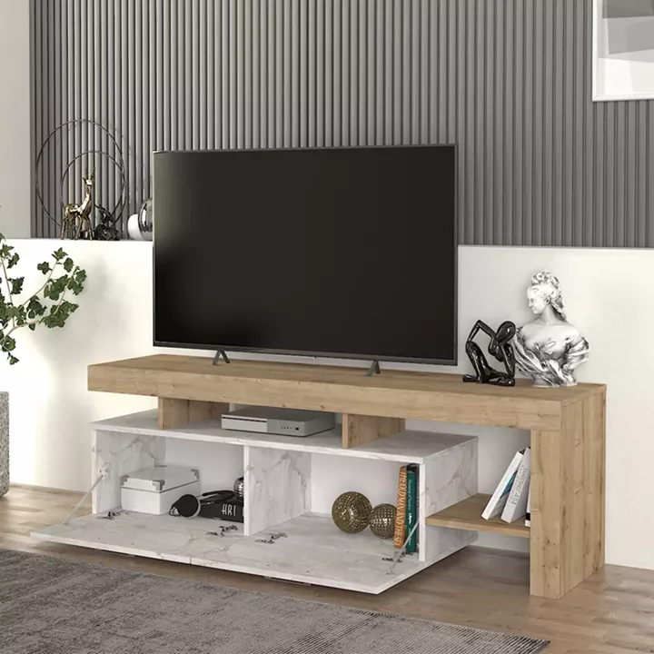 Έπιπλο τηλεόρασης Acnes Megapap χρώμα λευκό εφέ μαρμάρου - sapphire oak 160x40x53εκ.