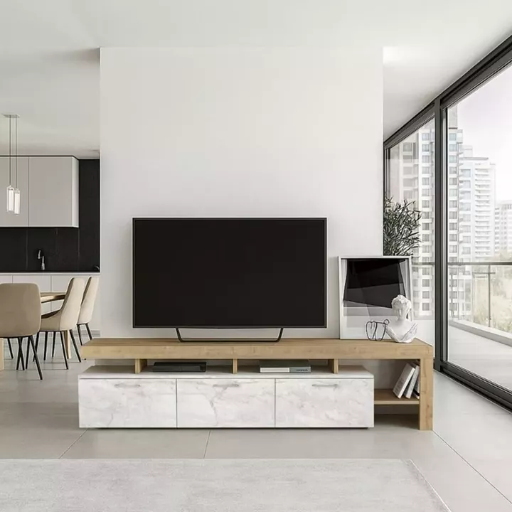 Έπιπλο τηλεόρασης Acnes Megapap χρώμα λευκό εφέ μαρμάρου - sapphire oak 220x40x52εκ.