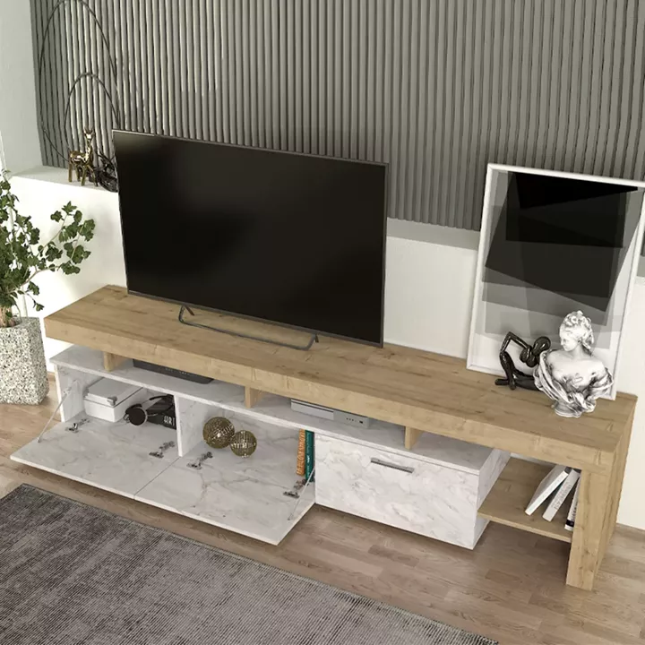 Έπιπλο τηλεόρασης Acnes Megapap χρώμα λευκό εφέ μαρμάρου - sapphire oak 220x40x52εκ.