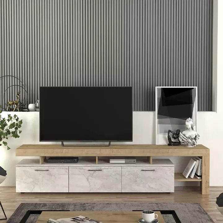 Έπιπλο τηλεόρασης Acnes Megapap χρώμα λευκό εφέ μαρμάρου - sapphire oak 220x40x52εκ.
