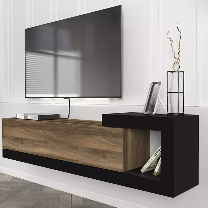 Έπιπλο τηλεόρασης επιτοίχιο Volare Megapap χρώμα καρυδί - μαύρο 150x29,6x38,6εκ.