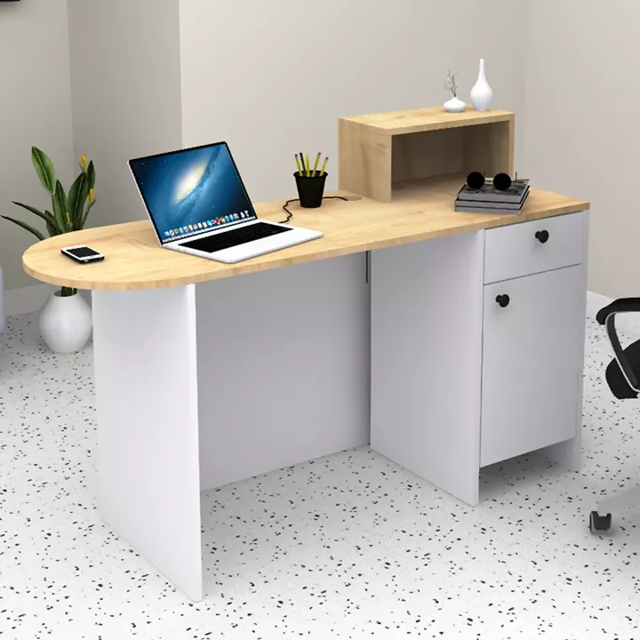 Γραφείο υποδοχής - reception Rezio Megapap χρώμα λευκό - φυσικό οξιάς 140x50x101,8εκ.