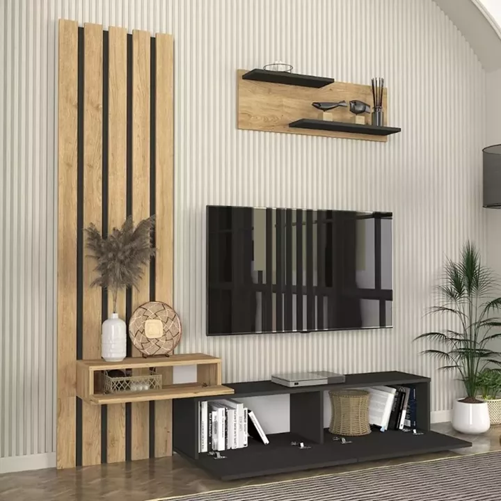 Σύνθεση τηλεόρασης Rosaline Megapap χρώμα ανθρακί - sepet oak 183x31,3x196,9εκ.